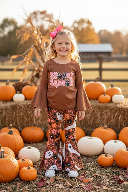 Halloween "SPOOKY SEASON" brown bell sleeve top pant girls boutique set XCH0013-13H