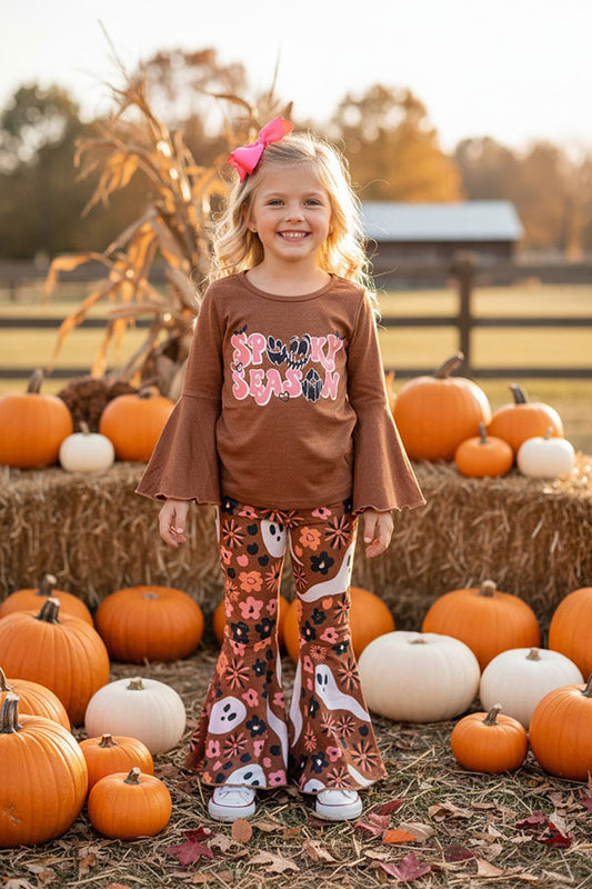 Halloween "SPOOKY SEASON" brown bell sleeve top pant girls boutique set XCH0013-13H