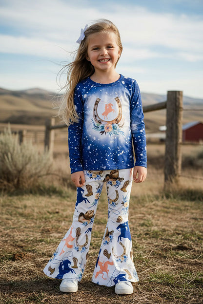 Western Rodeo horseshoe & floral pant 2pc girls boutique set XCH0013-20H