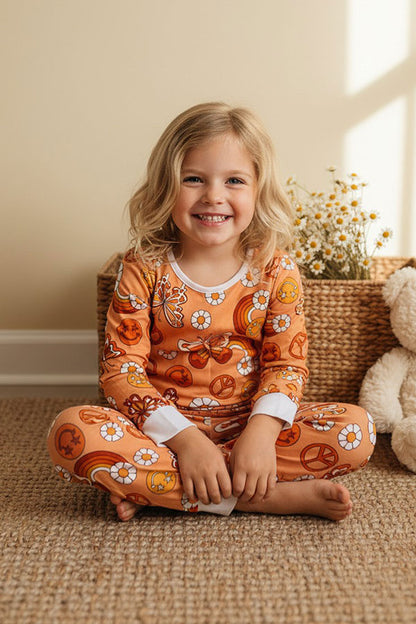 Western butterfly & flower print top & pant girls pajamas sets XCH0013-2H
