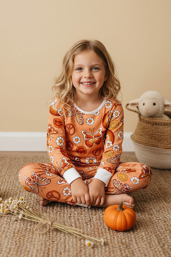 Western butterfly & flower print top & pant girls pajamas sets XCH0013-2H