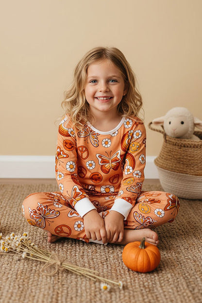 Western butterfly & flower print top & pant girls pajamas sets XCH0013-2H