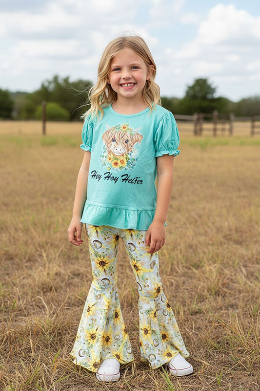 Western "not Today Heifer" turquoise top floral pant girls boutique set XCH0013-4H