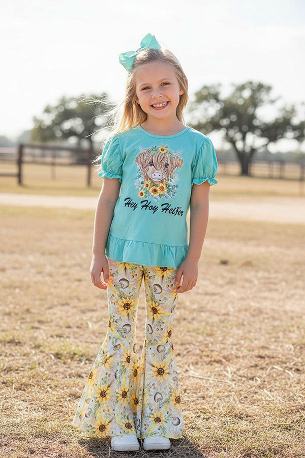 Western "not Today Heifer" turquoise top floral pant girls boutique set XCH0013-4H