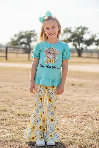 Western "not Today Heifer" turquoise top floral pant girls boutique set XCH0013-4H