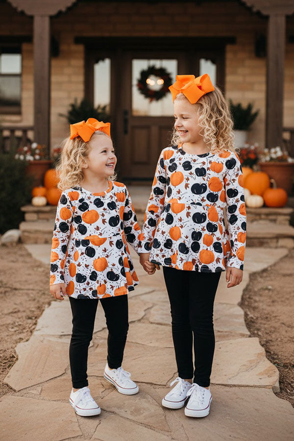 Orange & black pumpkins top black pant Halloween girls boutique set XCH0013-7H
