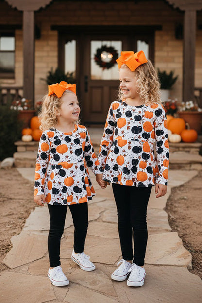 Orange & black pumpkins top black pant Halloween girls boutique set XCH0013-7H