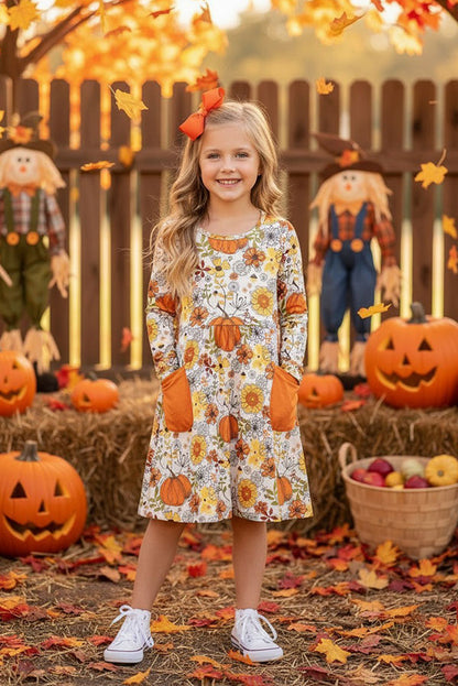 Halloween pumpkin & floral long sleeve girls boutique dress XCH0014-1H