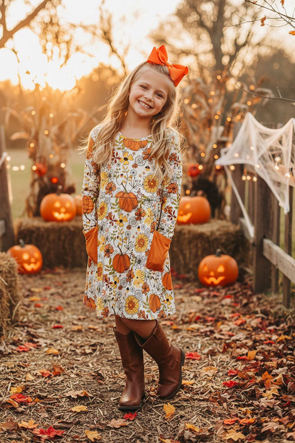 Halloween pumpkin & floral long sleeve girls boutique dress XCH0014-1H