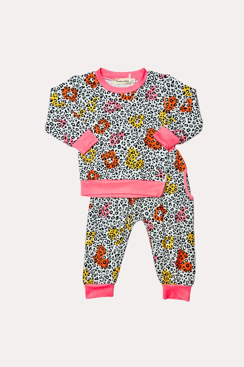 X0015-13 multicolor leopard print sweatpants 2pc western girls sets