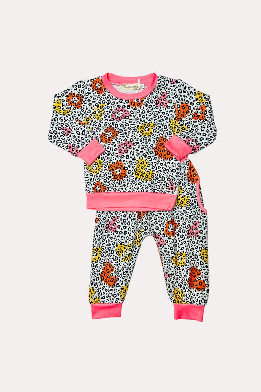 X0015-13 multicolor leopard print sweatpants 2pc western girls sets