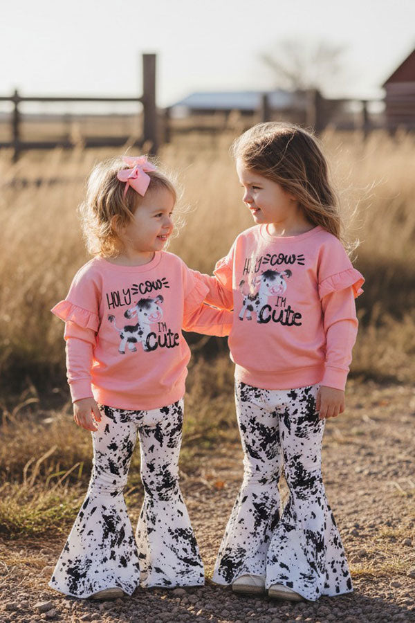 Western chic cow top & bell bottom pant 2pc girls boutique sets XCH0015-18H