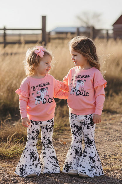 Western chic cow top & bell bottom pant 2pc girls boutique sets XCH0015-18H