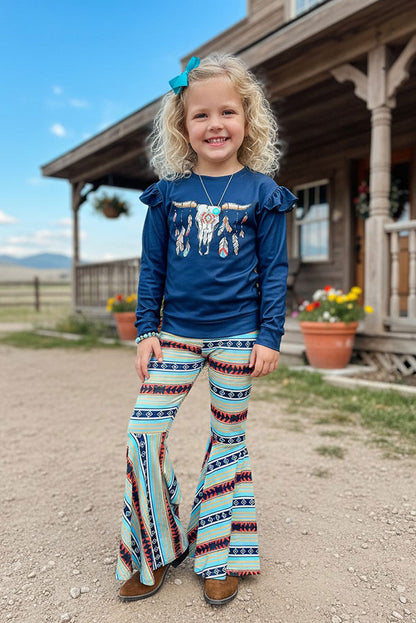 Western bull prints navy top aztec bell bottom girl's boutique set XCH0015-20H