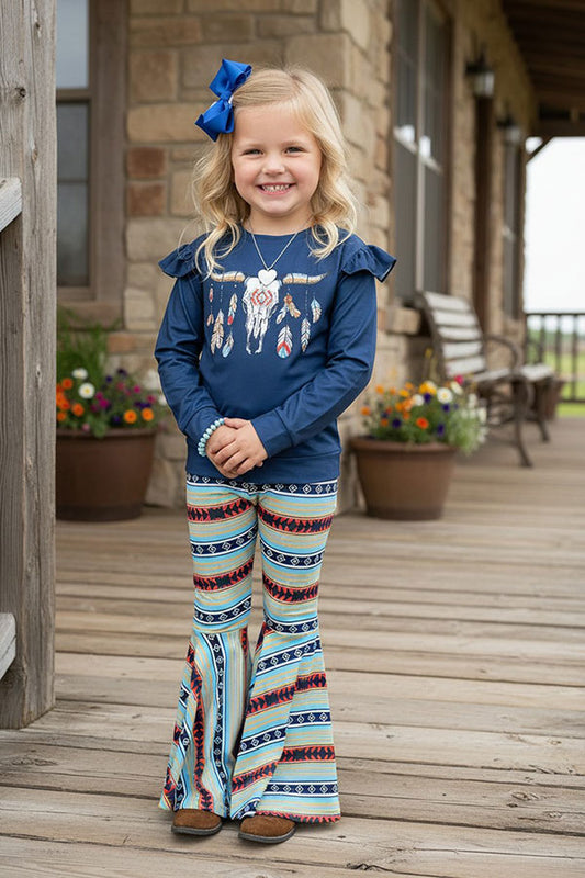 Western bull prints navy top aztec bell bottom girl's boutique set XCH0015-20H