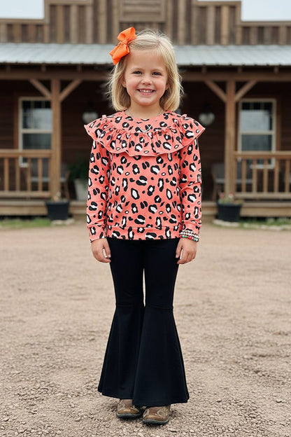 Western leopdard ruffle long sleeve top black pant girls botique set XCH0015-28H