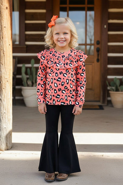 Western leopdard ruffle long sleeve top black pant girls botique set XCH0015-28H