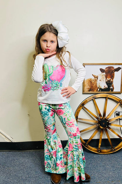XCH0015-30H Cactus & flower printed top bell bottom 2pcs girls sets