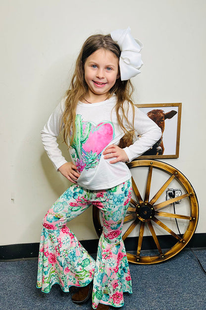XCH0015-30H Cactus & flower printed top bell bottom 2pcs girls sets