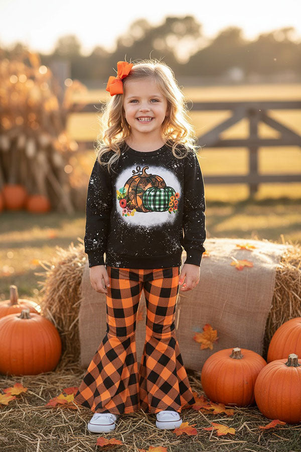Halloween pumpkin top & orange checkered pant girls boutique set XCH0015-5H