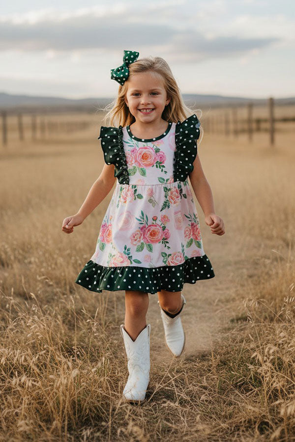 Western green dots & floral sleeveless girls boutique dress XCH0016-1H