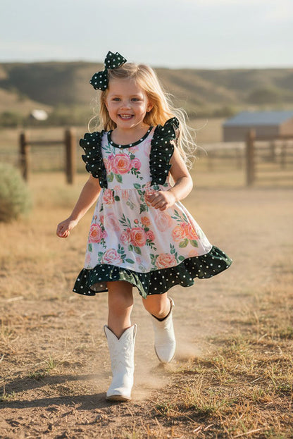 Western green dots & floral sleeveless girls boutique dress XCH0016-1H