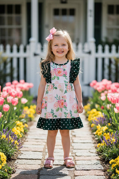 XCH0016-1H Floral print green polka dots ruffle sleeve girls dress