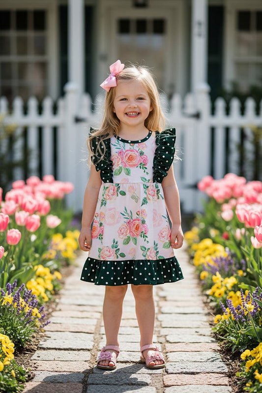 XCH0016-1H Floral print green polka dots ruffle sleeve girls dress