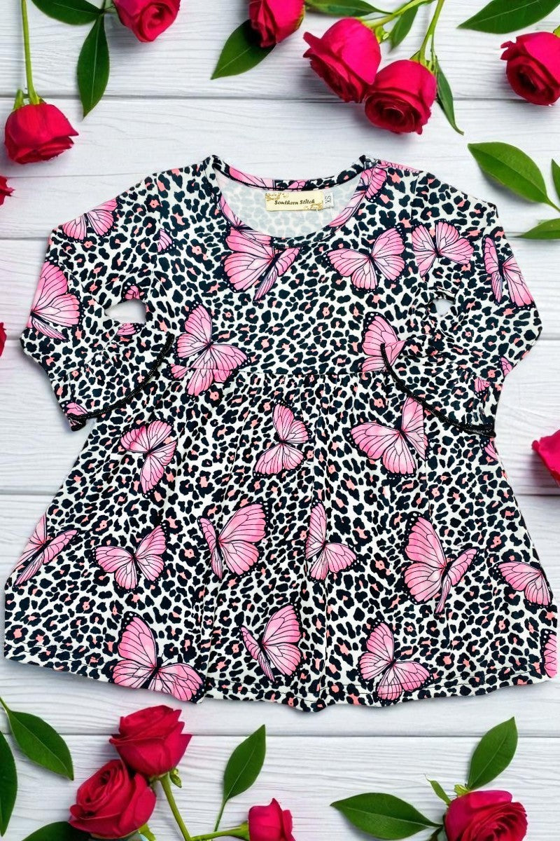 XCH0016-2H Butterflies & pink cheetah print girls dress