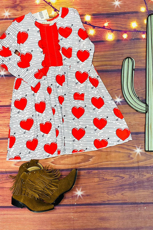 XCH0017-15H Kids red hearts & stripe printed long sleeve girls  dress w/front ruffle