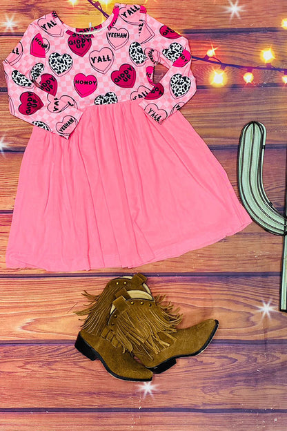 XCH0017-16H Girls hearts printed pink check long sleeve dress
