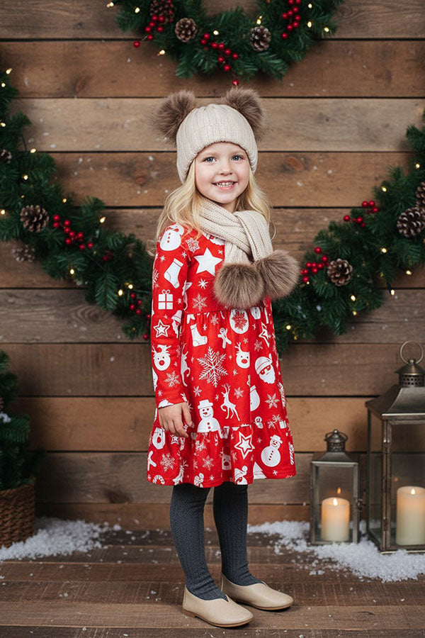 Christmas print long sleeve swirl girls boutique dress A9S4 XCH0017-1H