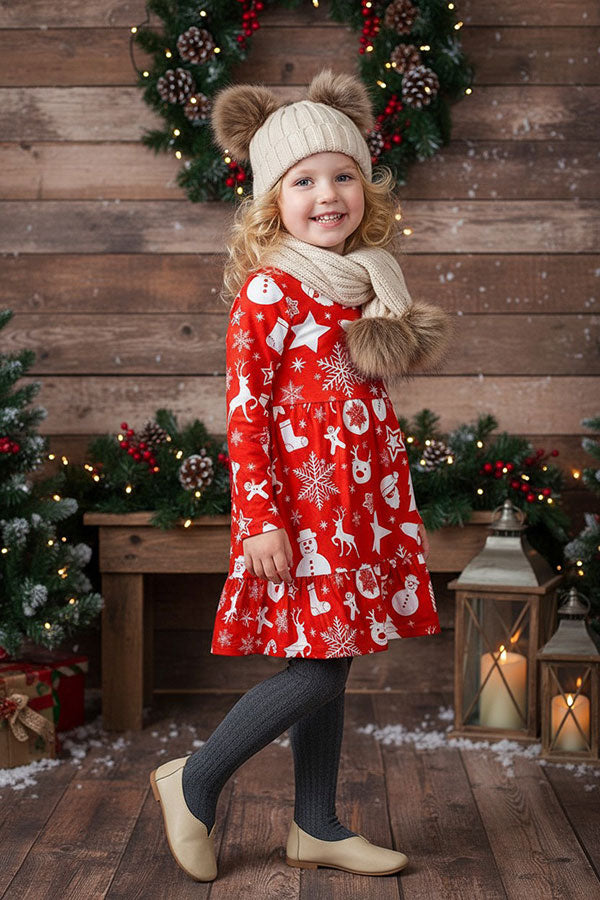Christmas print long sleeve swirl girls boutique dress A9S4 XCH0017-1H