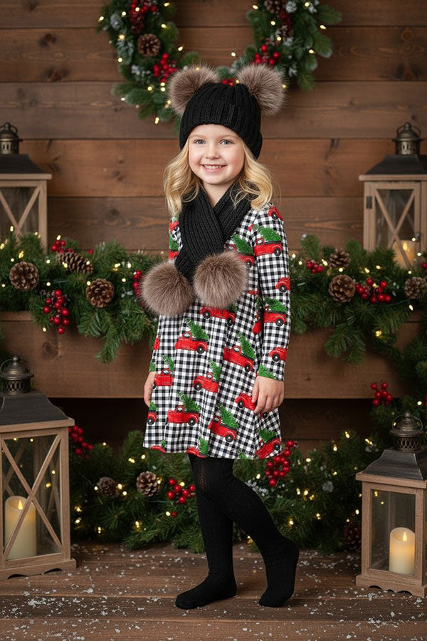 Christmas Red truck & tree & plaid long sleeve girls boutique dress XCH0017-8H