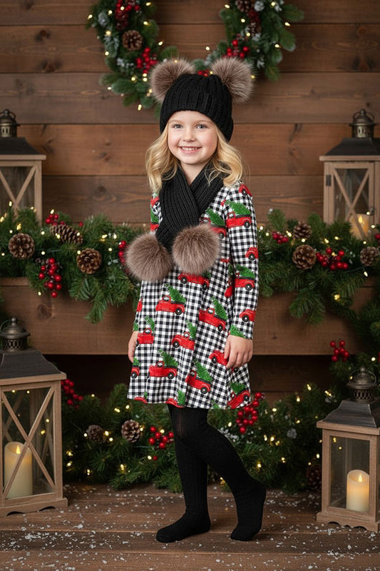 Christmas Red truck & tree & plaid long sleeve girls boutique dress XCH0017-8H
