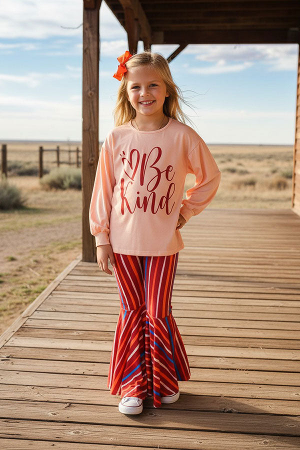 Western "Be Kind" top & striped bell bottom girls boutique set XCH0018-14