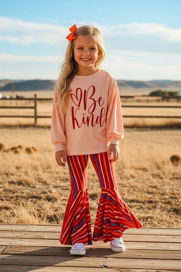 Western "Be Kind" top & striped bell bottom girls boutique set XCH0018-14