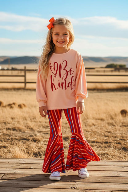Western "Be Kind" top & striped bell bottom girls boutique set XCH0018-14