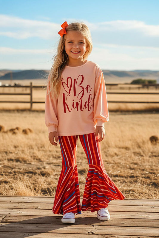 Western "Be Kind" top & striped bell bottom girls boutique set XCH0018-14
