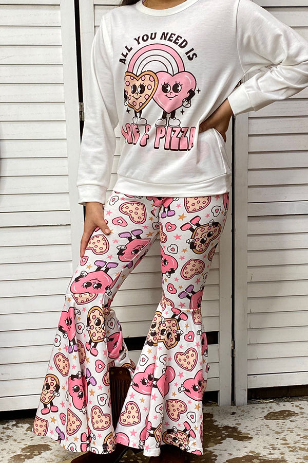 XCH0018-15H Kids "ALL YOU NEED IS LOVE A PIAAZ" top hearts printed bell bottom 2pc sets