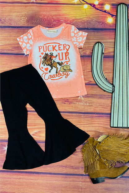 "PUCKER UP Cowboy" s top & black pant 2pc western girls sets XCH0018-19