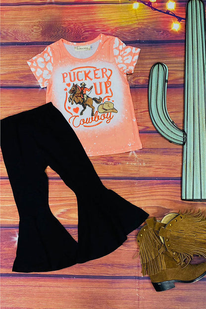 "PUCKER UP Cowboy" s top & black pant 2pc western girls sets XCH0018-19