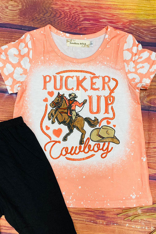 "PUCKER UP Cowboy" s top & black pant 2pc western girls sets XCH0018-19