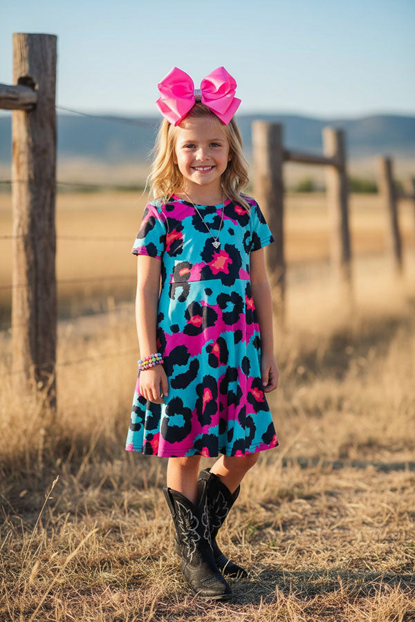 Western turquoise & pink leopard short sleeve girls boutique dress XCH0020-2H