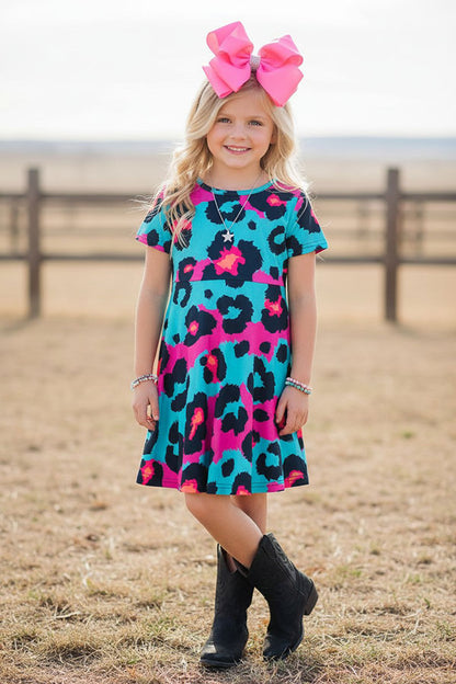 Western turquoise & pink leopard short sleeve girls boutique dress XCH0020-2H