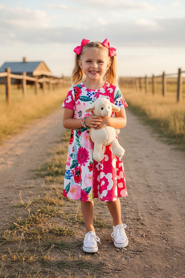 Western floral & Leopard prints short sleeve girls boutique dress XCH0020-3H