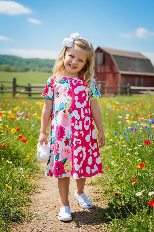 XCH0020-3H Western Half floral & Leopard prints short sleeve girls dress