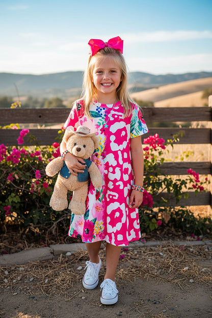 Western floral & Leopard prints short sleeve girls boutique dress XCH0020-3H