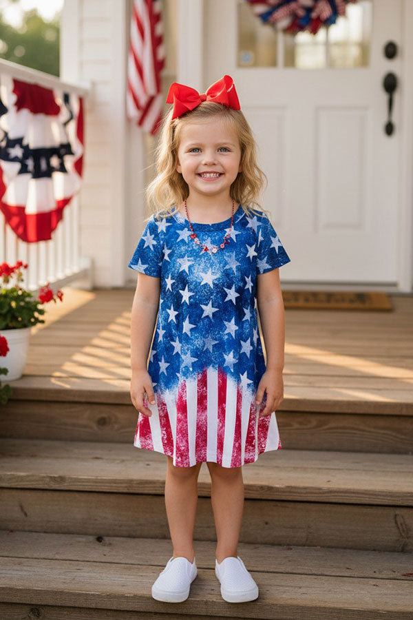 4th of July blue star & red striped short sleeve girls dress XCH0020-4H