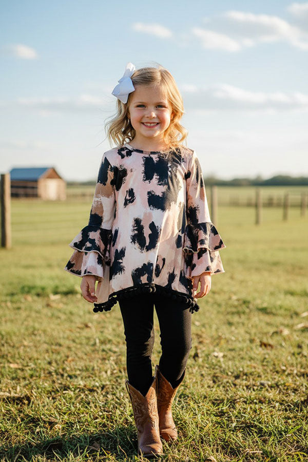Western leopard top with pompoms black legging girls boutique set XCH0024-11H